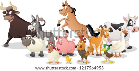 Group of farm cartoon animals. Vector illustration of funny happy animals.
