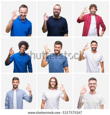 Collage of group of men over white isolated background smiling positive doing ok sign with hand and fingers. Successful expression.
