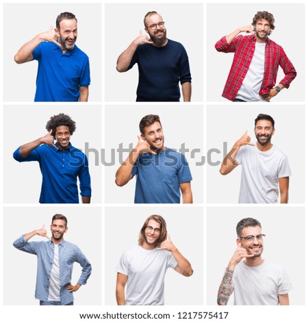 Collage of group of men over white isolated background smiling doing phone gesture with hand and fingers like talking on the telephone. Communicating concepts.