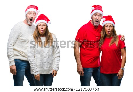 Collage of middle age mature beautiful couple wearing christmas hat over white isolated background afraid and shocked with surprise expression, fear and excited face.