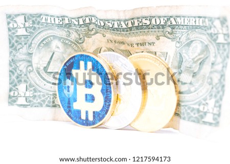 blurred crumpled dollar money and different bitcoin background like concept of problem and future
