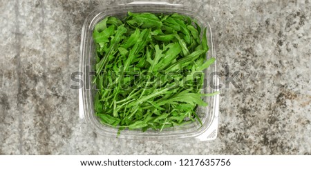 Arugula - fresh salad (rucola) on a gray background. top view. copy space
