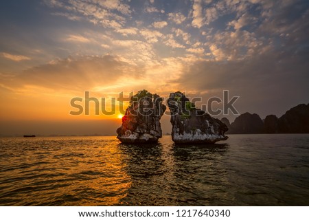 Aerial view of Hon Ga Choi Island(Fighting Cocks Island), or Trong Mai Island (Cock and Hen Island), Halong Bay, Vietnam, Southeast Asia. UNESCO World Heritage Site, famous destination of Vietnam