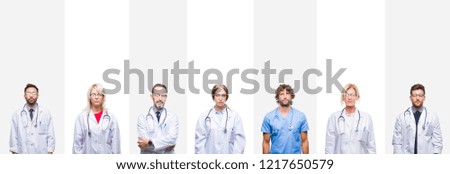 Collage of professional doctors over stripes isolated background Relaxed with serious expression on face. Simple and natural looking at the camera.
