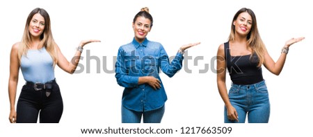 Collage of young beautiful woman over isolated background smiling cheerful presenting and pointing with palm of hand looking at the camera.