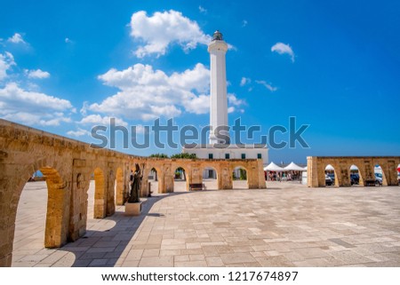 Santa Maria di Leuca white lighthouse - Lecce province in Salento - Apulia region - Italy Royalty-Free Stock Photo #1217674897
