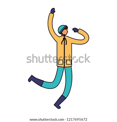 happy man jumping with winter clothes