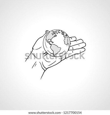 Hands holding the Earth. Palm hold the globe. Environment concept. Hand drawn sketch vector illustration