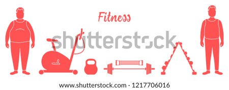 Time to fitness and sports. Healthy lifestyle. Men involved in sports. Slimming. Sports equipment: exercise bike, expander, barbell, dumbbells, kettlebell.