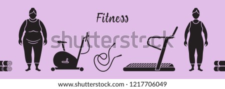 Time to fitness and sports. Healthy lifestyle. Women involved in sports. Slimming. Sports equipment: yoga mats, treadmill, exercise bike, skipping pins.