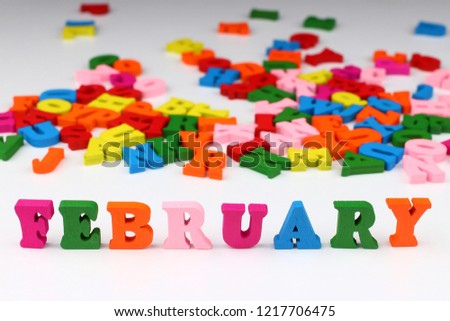 The word february with colored letters