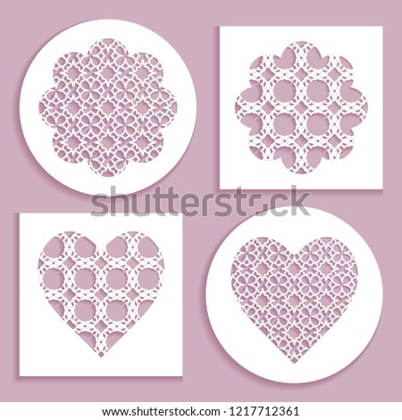 Templates for laser cutting, plotter cutting, printing. Heart and flower shape line pattern. Geometric design cut out of paper. Mandala die cut ornament. Fretwork panels, cutout silhouette stencils