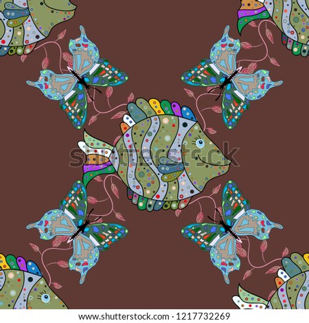 Cute fish. Kids background.Fishes on brown, green and blue. Seamless pattern with fish.
