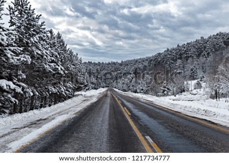 Asphalt mountain road in the winter. Fabulous snow and winter landscape. Domanic, Uludag, Bursa.