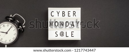 Creative Top view flat lay composition Cyber Monday sale text on lightbox alarm clock black background copy space Template Cyber Monday sale mockup thanksgiving promotion advertising Long wide banner