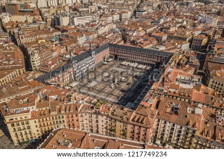 Aerial view of Plaza Mayor in Madrid Royalty-Free Stock Photo #1217749234