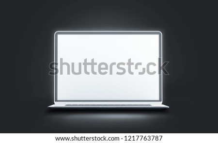 Blank white luminous laptop screen mockup, isolated in darkness, 3d rendering. Empty glowing computer display mock up. Clear modern open lap top. Digital lcd monitor template.