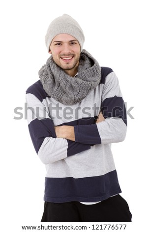 studio picture of a young man dressed for winter