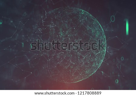 Conceptual network data cyberspace with sphere, lines, dots and binary numbers illustration background. View from space. Selective focus used.