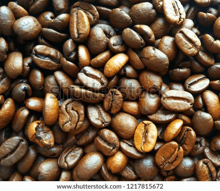 Roasted brown coffee beans texture background. Top view close up pattern photography