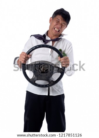 drunk business man wear black suit holding wine bottle and steering wheel on  isolated white background