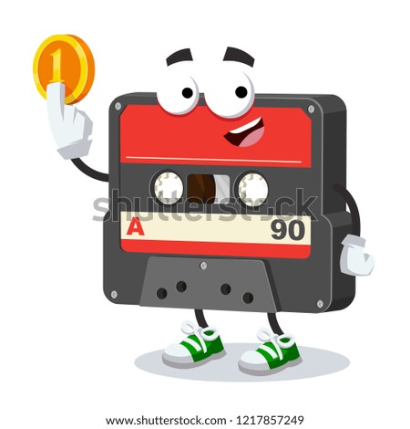 cartoon retro vintage audio cassette mascot keeps the coin on white background