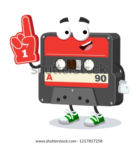 cartoon retro vintage audio cassette character mascot with the number 1 one sports fan hand glove on a white background