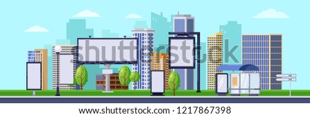 City advertising illustration. Vector background. Cityscape with white blank billboards and banners. Business promotion and advertisement concept. Royalty-Free Stock Photo #1217867398