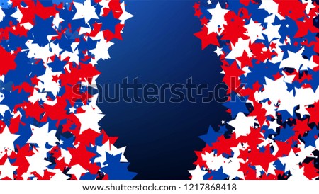 Colours of American Flag. USA Independence Day.  Red, Blue and White Stars on Blue Gradient Background. Invitation Background. Banner, Christmas and New Year card, Postcard, Packaging, Textile Print.