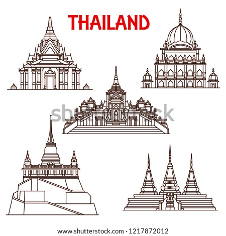 Thailand Buddhist temples architecture vector landmark icons. Thin line facades of Golden Buddha Wat Traimit, Saket Mount or Pho and Sikh temple or Lak mueang shrine in Bangkok Royalty-Free Stock Photo #1217872012