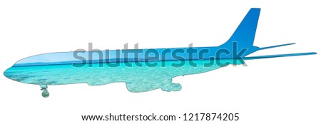 Pictures of crystalline tropical caribbean sea on silhouette of plane. Isolated on white background. Copy space. Flying to the Caribbean. Tourism, travel and vacation concept. Summertime.