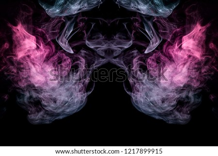 Fluffy Puffs  blue and pink smoke and Fog in the form of a skull, monster, dragon  on Black Background. Fantasy print for clothes: t-shirts, sweatshirts.

