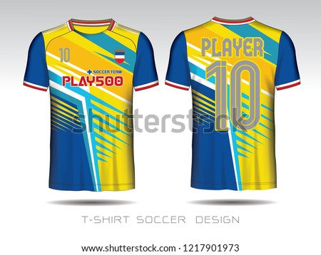 Blue and yellow layout football sport t-shirt design. Template front, back view. Soccer kit national team shirt mock up. Vector Illustration.