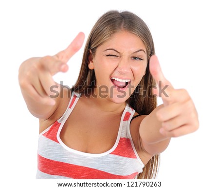 Isolated young casual woman pointing
