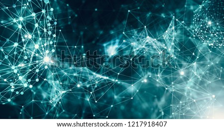 Concept of Network. Abstract futuristic technology with polygonal shapes on dark blue background. Connection technologies backdrop, internet communication.
