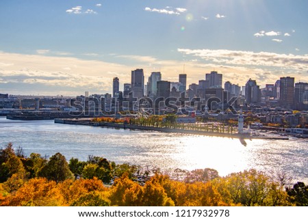 Panorama of Montreal, Quebec, Canada, and the Saint-Lawrence river in fall 2018. Royalty-Free Stock Photo #1217932978