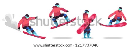 Adults, dressed in winter clothes, go snowboarding. Men and women pragat from a springboard and descend from the mountain .. Winter mountain sports activities. Isolated vector illustration in flat sty Royalty-Free Stock Photo #1217937040