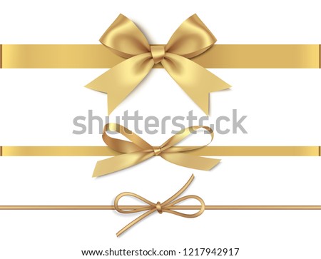 Set of decorative golden bows with horizontal yellow ribbon isolated on white background. Vector illustration Royalty-Free Stock Photo #1217942917