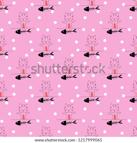Seamless childish pattern with cute cat  and fish.Happy cat.