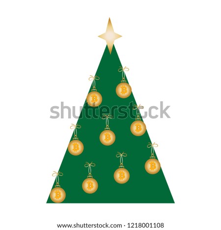 Balls with bitcoin logo on Christmas tree.  Illustration.