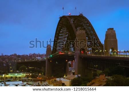 Sydney cityscape at dusk. Landscape of Australia business building around Sydney harbour. Modern high building in business district area at Sydney in New South Wales.