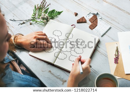Young creative woman drawing a mind map Royalty-Free Stock Photo #1218022714