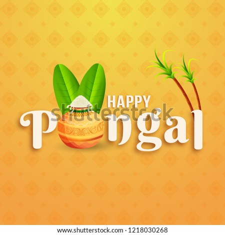 South Indian festival greeting card design, stylish lettering of Pongal with traditional pot on shiny orange floral background. Royalty-Free Stock Photo #1218030268