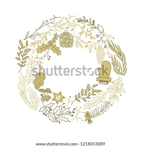 Composition with beige christmas symbols including garland and other decorative elements hand drawn sketch vector illustration