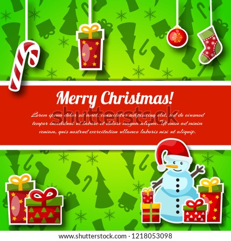 Bright green new year and christmas postcard with red text field and different holiday symbols flat vector illustration