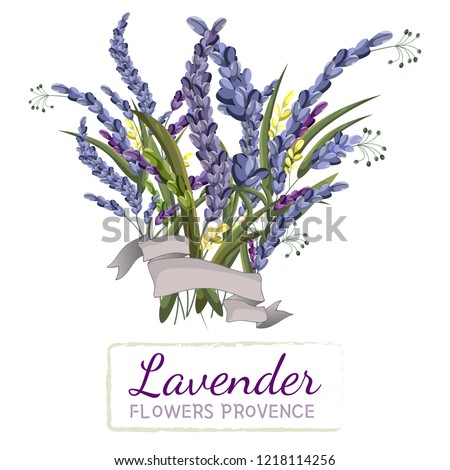 Vector illustration. Vector bouquet of lavender. Congratulatory tape. All elements are isolated.