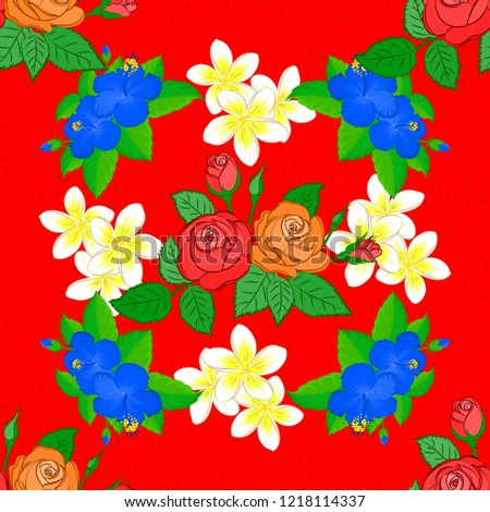 Cute vector floral background. Hibiscus flowers seamless pattern in green, blue and red colors.