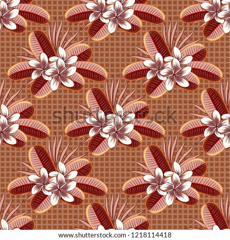Intersecting curved elegant stylized plumeria flowers, leaves and scrolls forming abstract floral ornament. Vintage abstract vector floral seamless pattern in brown, red and beige colors.