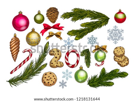 Christmas and New Year decoration set with pine tree branches, balls, bows, snowflakes, cones and sweets. Festive vector elements for design or greeting cards