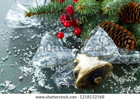 Christmas background with Christmas Spruce, Decor and snow. Copy space.